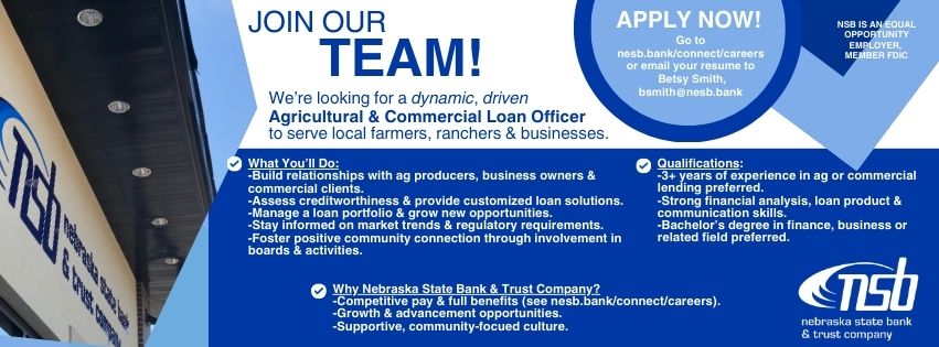 Hiring Ag/Commercial Loan Officer. Call for details.